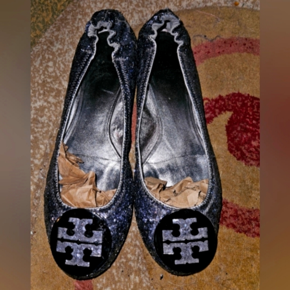 Authentic Tory Burch Black Glitter Ballet Flats Silvery/Black